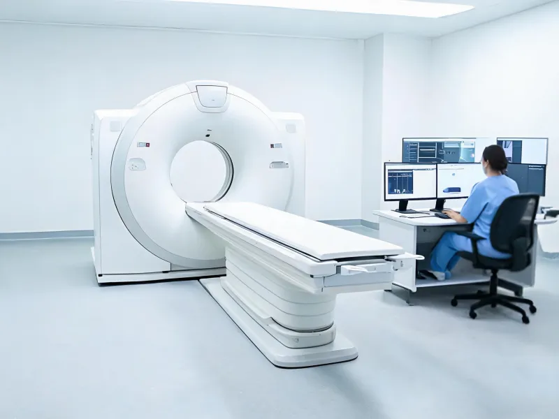 Multi-slice CT gantry in radiology suite