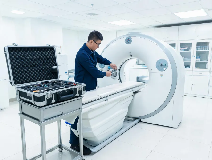 Field service engineer calibrating imaging system